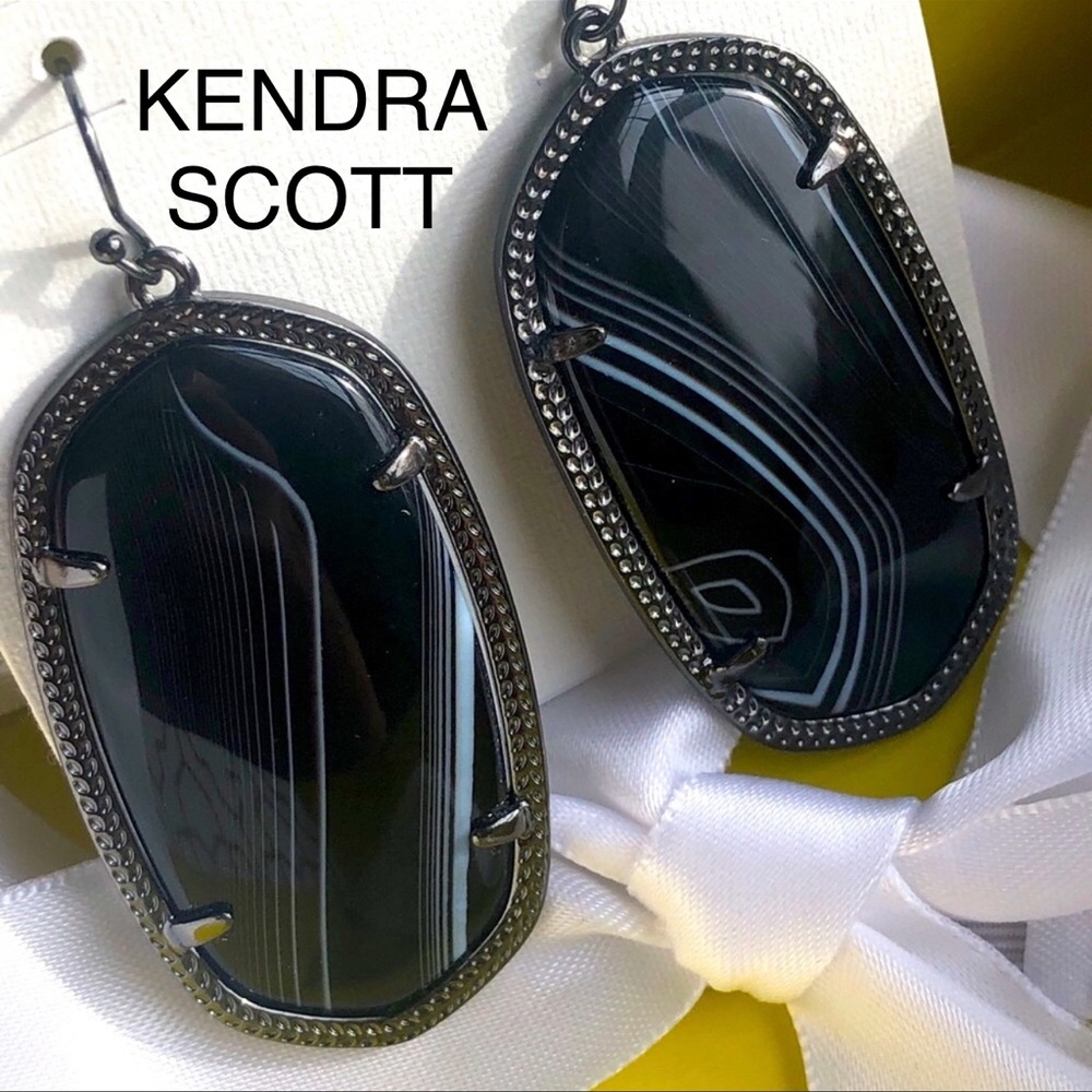NWOT RARE & Retired Kendra Scott Danielle Earrings Black Banded Agate & Gunmetal - Picture 5 of 14